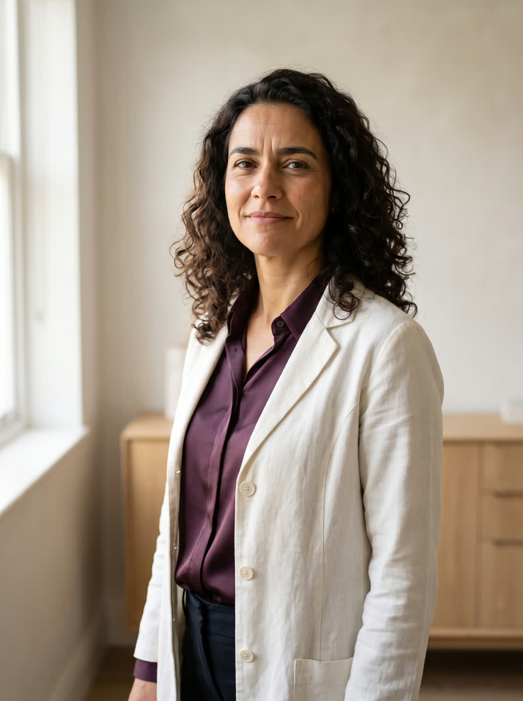 Dra. Helena Sarti, de jaleco de linho claro, na sala de atendimento